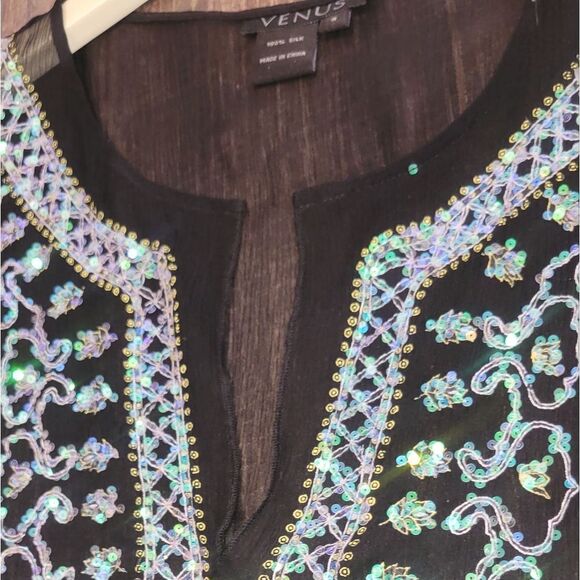 Venus Black Semi Sheer Silk Turquoise  Sequin Embroidered Beaded Tunic S - Picture 13 of 14